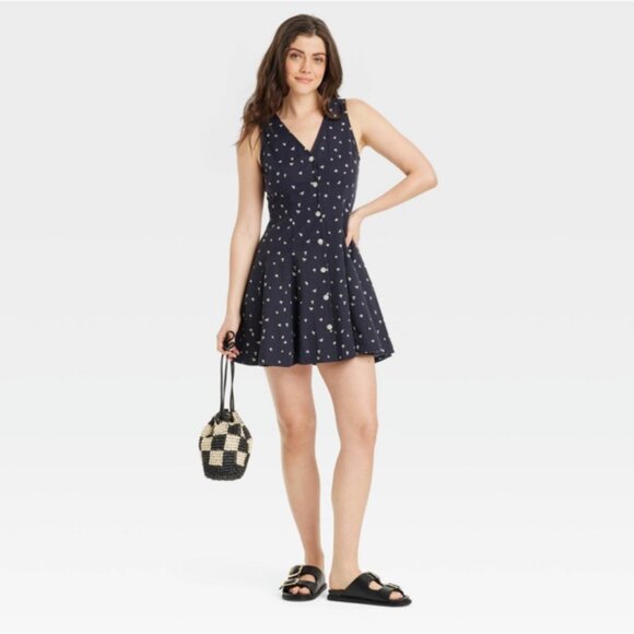 Navy Blue Floral Button-Front Godet Mini A-Line Dress XL - New without tags - Picture 1 of 12